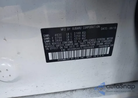 2020 Subaru Legacy z USA, uszkodzony, nr VIN 4S3BWAA67L3003089